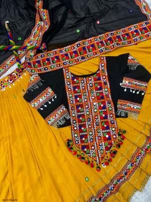 Fancy Yellow Navaratri Embroidered Lehenga Choli With Real Mirror Hand Work