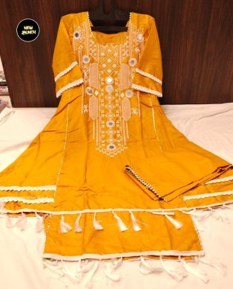 Fancy Yellow Rayon Embroidered Kurti Palazzo Set