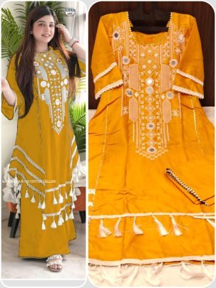 Fancy Yellow Rayon Embroidered Kurti Palazzo Set