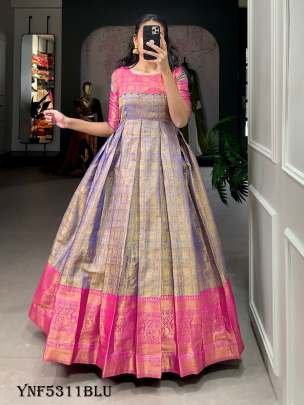 Fashionable Blue Color Zari Weaving Work Kanjivaram Gown
