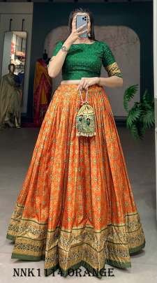 Fashionable Dola Silk Foil Print Orange Lehenga Choli