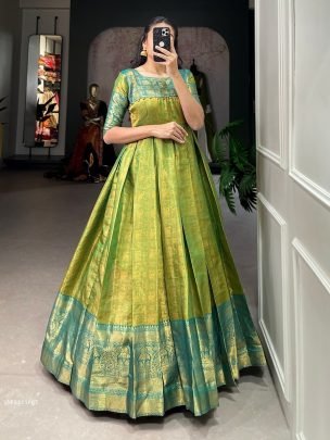 Fashionable Parrot Color Zari Weaving Work Kanjivaram Gown