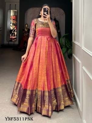 Fashionable Pink Color Zari Weaving Work Kanjivaram Gown