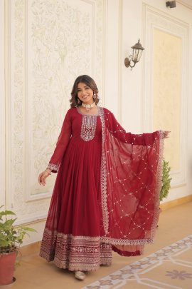 Faux Blooming Red Gown with Rich Sequins Work Dupatta 