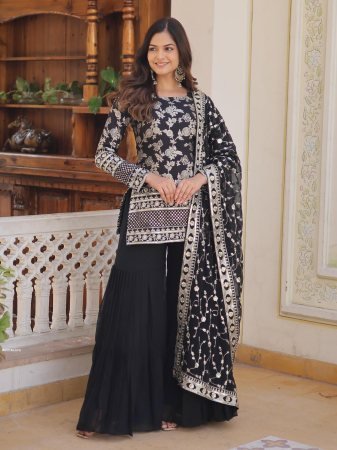  Faux Blooming Zari Embroidered Black Gharara Suit Set