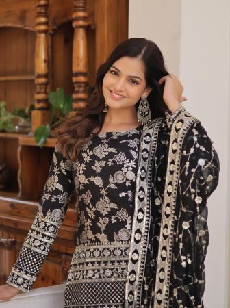 Faux Blooming Zari Embroidered Black Gharara Suit Set