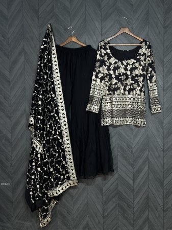 Faux Blooming Zari Embroidered Black Gharara Suit Set