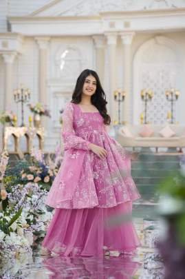 Faux Georgette Baby Pink Kurti Pant Dupatta Set