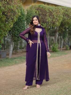 Faux Georgette Blooming Wine Kurti Pant Set