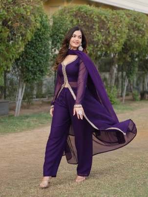 Faux Georgette Blooming Wine Kurti Pant Set