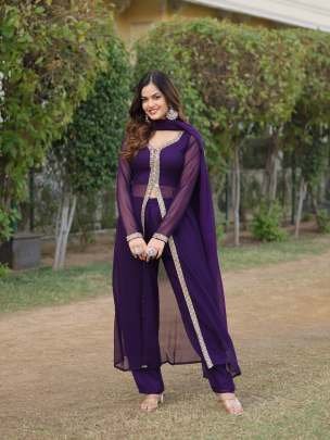 Faux Georgette Blooming Wine Kurti Pant Set