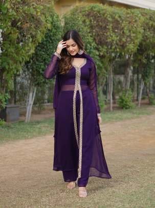 Faux Georgette Blooming Wine Kurti Pant Set