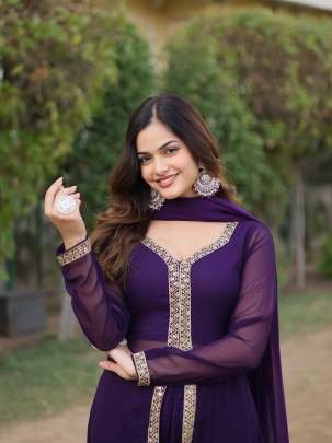 Faux Georgette Blooming Wine Kurti Pant Set