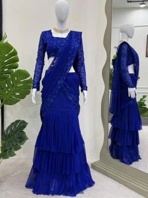 Faux Georgette Blue Colour Lehenga Saree