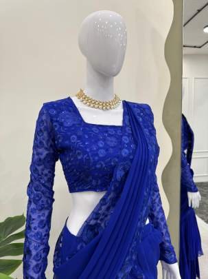 Faux Georgette Blue Colour Lehenga Saree