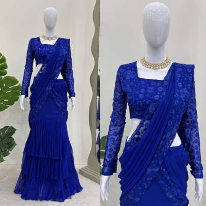Faux Georgette Blue Colour Lehenga Saree