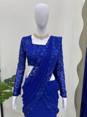 Faux Georgette Blue Colour Lehenga Saree