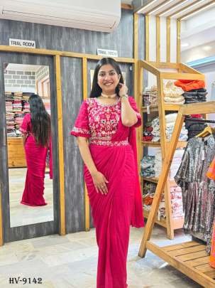 Faux Georgette Ready To Wear Saree With Full Stitched Blouse