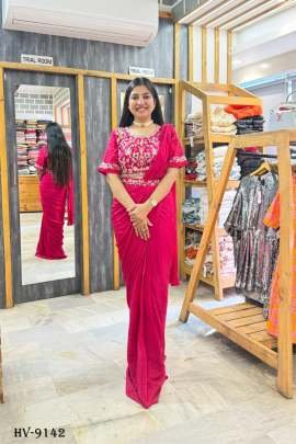 Faux Georgette Ready To Wear Saree With Full Stitched Blouse