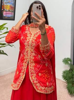 Faux Georgette Red Lehenga Dupatta With Koti