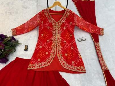 Faux Georgette Red Lehenga Dupatta With Koti