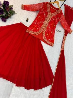 Faux Georgette Red Lehenga Dupatta With Koti