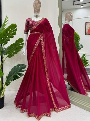 Faux Georgette Red Sequence work Saree With Kamar Belt