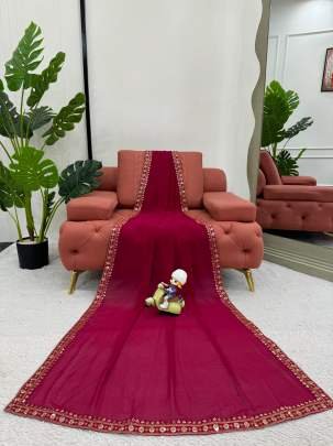 Faux Georgette Red Sequence work Saree With Kamar Belt