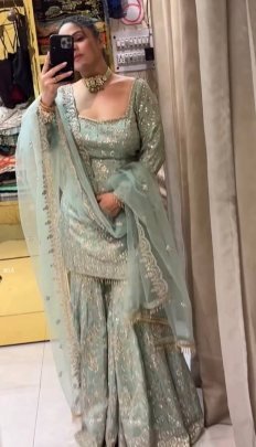 Faux Georgette Sea Green  Sequence Work Sharara Suit