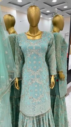 Faux Georgette Sea Green  Sequence Work Sharara Suit