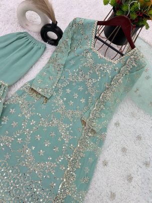 Faux Georgette Sea Green  Sequence Work Sharara Suit
