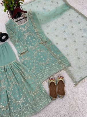Faux Georgette Sea Green  Sequence Work Sharara Suit