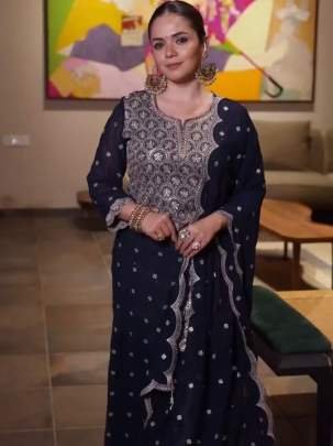 Faux Georgette Sequins Work Palazzo Suit