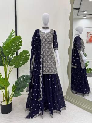 Faux Georgette Sequins Work Palazzo Suit