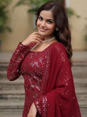 Thread Embroidered Sequins  Work Red Kurti Sharara Dupatta Set