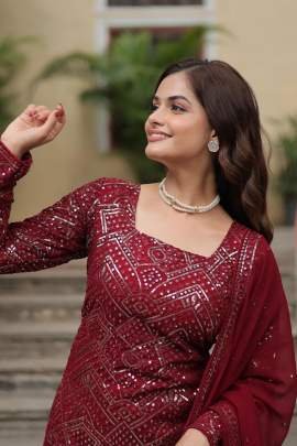 Thread Embroidered Sequins  Work Red Kurti Sharara Dupatta Set