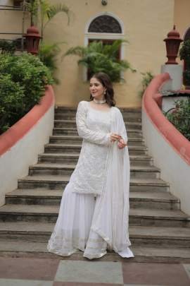 Faux Georgette White Sharara Suit