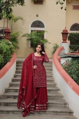 Thread Embroidered Sequins  Work Red Kurti Sharara Dupatta Set
