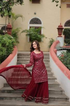 Thread Embroidered Sequins  Work Red Kurti Sharara Dupatta Set