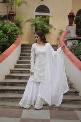 Faux Georgette White Sharara Suit