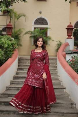 Thread Embroidered Sequins  Work Red Kurti Sharara Dupatta Set