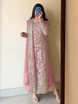 Faux Georgette With Heavy Embroidery Work Peach Top Palazzo Dupatta Set