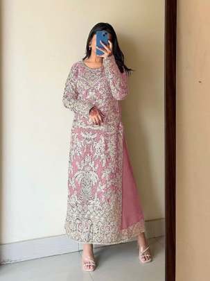 Faux Georgette With Heavy Embroidery Work Peach Top Palazzo Dupatta Set