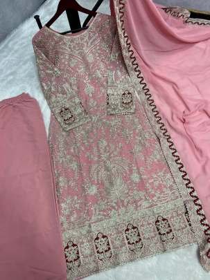 Faux Georgette With Heavy Embroidery Work Peach Top Palazzo Dupatta Set