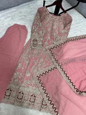 Faux Georgette With Heavy Embroidery Work Peach Top Palazzo Dupatta Set