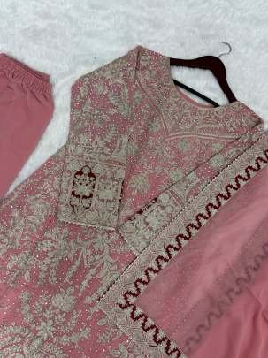 Faux Georgette With Heavy Embroidery Work Peach Top Palazzo Dupatta Set