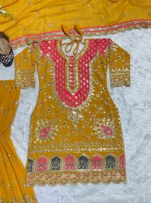 Faux Georgette Yellow Embroidery  Work  Sharara Suit