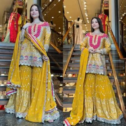 Faux Georgette Yellow Embroidery  Work  Sharara Suit