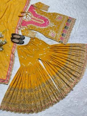 Faux Georgette Yellow Embroidery  Work  Sharara Suit