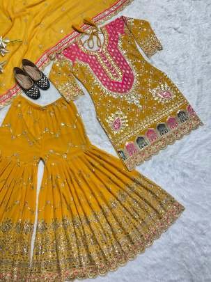 Faux Georgette Yellow Embroidery  Work  Sharara Suit